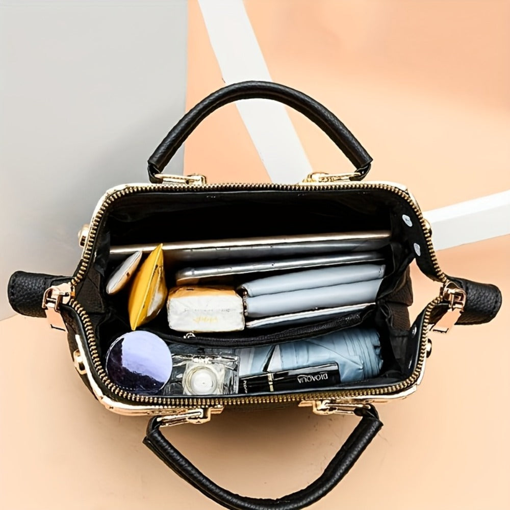 Black Quilted Boston Bag with Golden Hardware And Adjustable Shoulder Strap - Elegant Heart-shaped Rhinestone Ornament, Pattern Design And Stylish Rivet Details