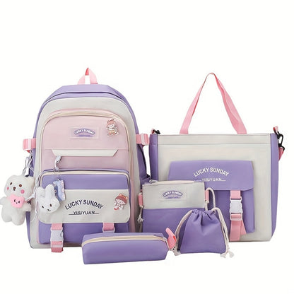 5pcs Solid Color Backpack, Women's Travel Bag, Large Capacity Backpack, Simple Tote Bag, Pencil Case, Casual Crossbody Bag, Lightweight Student Shoulder Bag