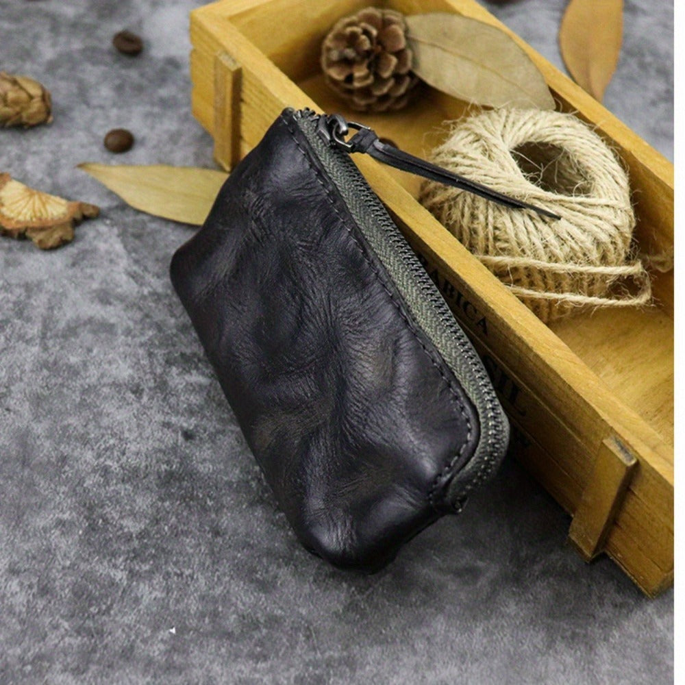 Vintage Style Genuine Top-Grain Leather Coin Purse, Hand-Painted Mini Pouch with Zipper - 1pc