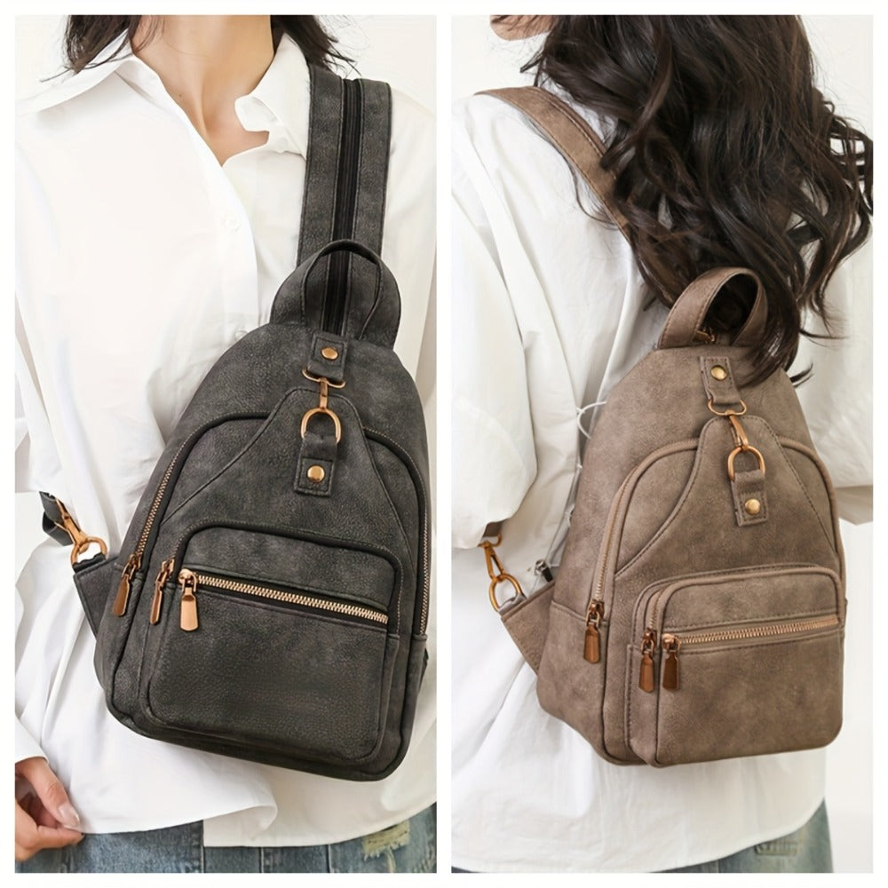 Classic Chic PU Backpack for Ladies - Adjustable Straps, Zip Fastening, Various Pockets, Trendy Shoulder & Crossbody , Chest , Casual Daily Use | Sturdy Zip Closure for Travel And Shopping (Available in Black/Brown/Khaki)