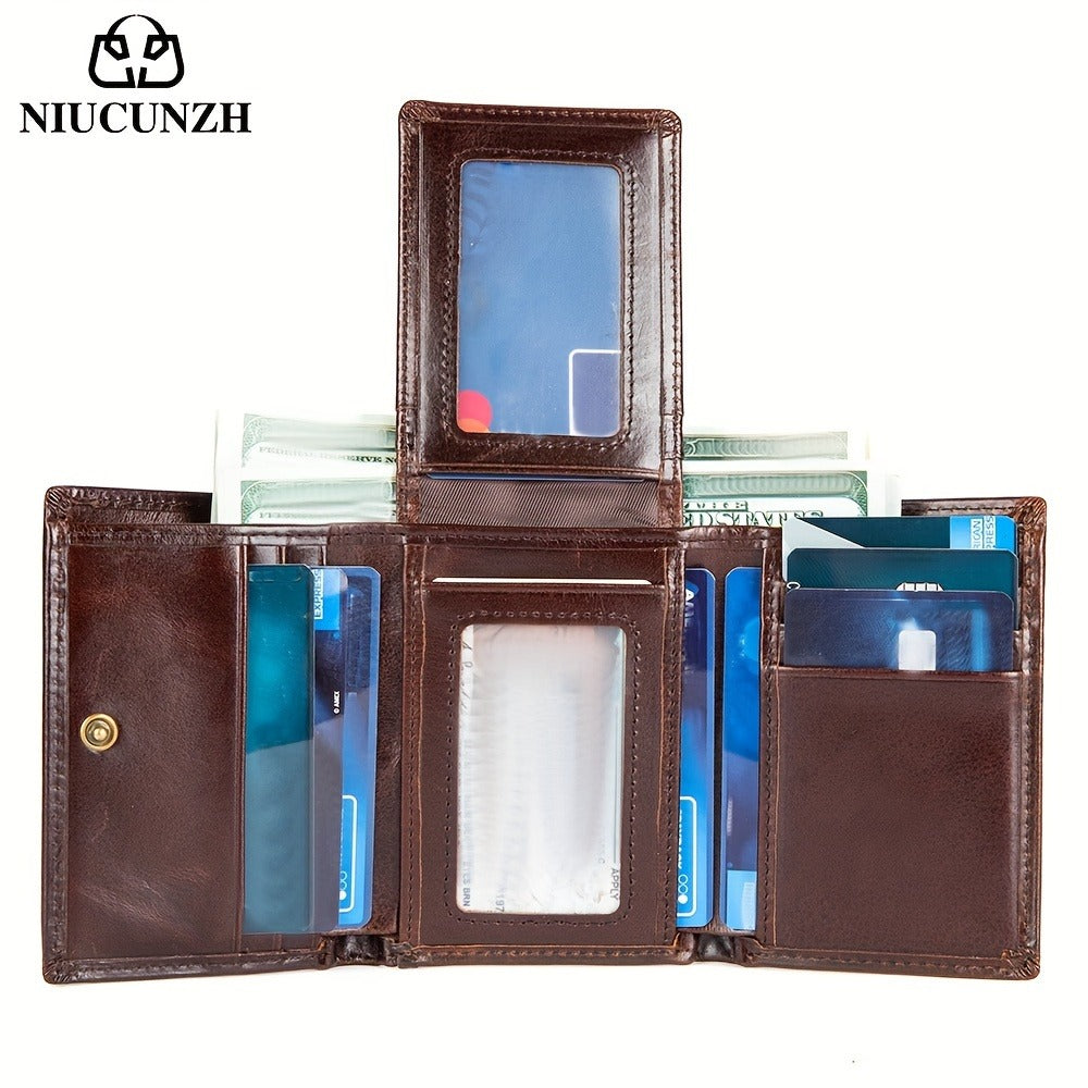 [Leather Tri-fold Wallet] Valentine's Day Gift, Genuine Leather Tri-fold Wallet - Anti-theft Brush Shield, Coin Pocket for Men
