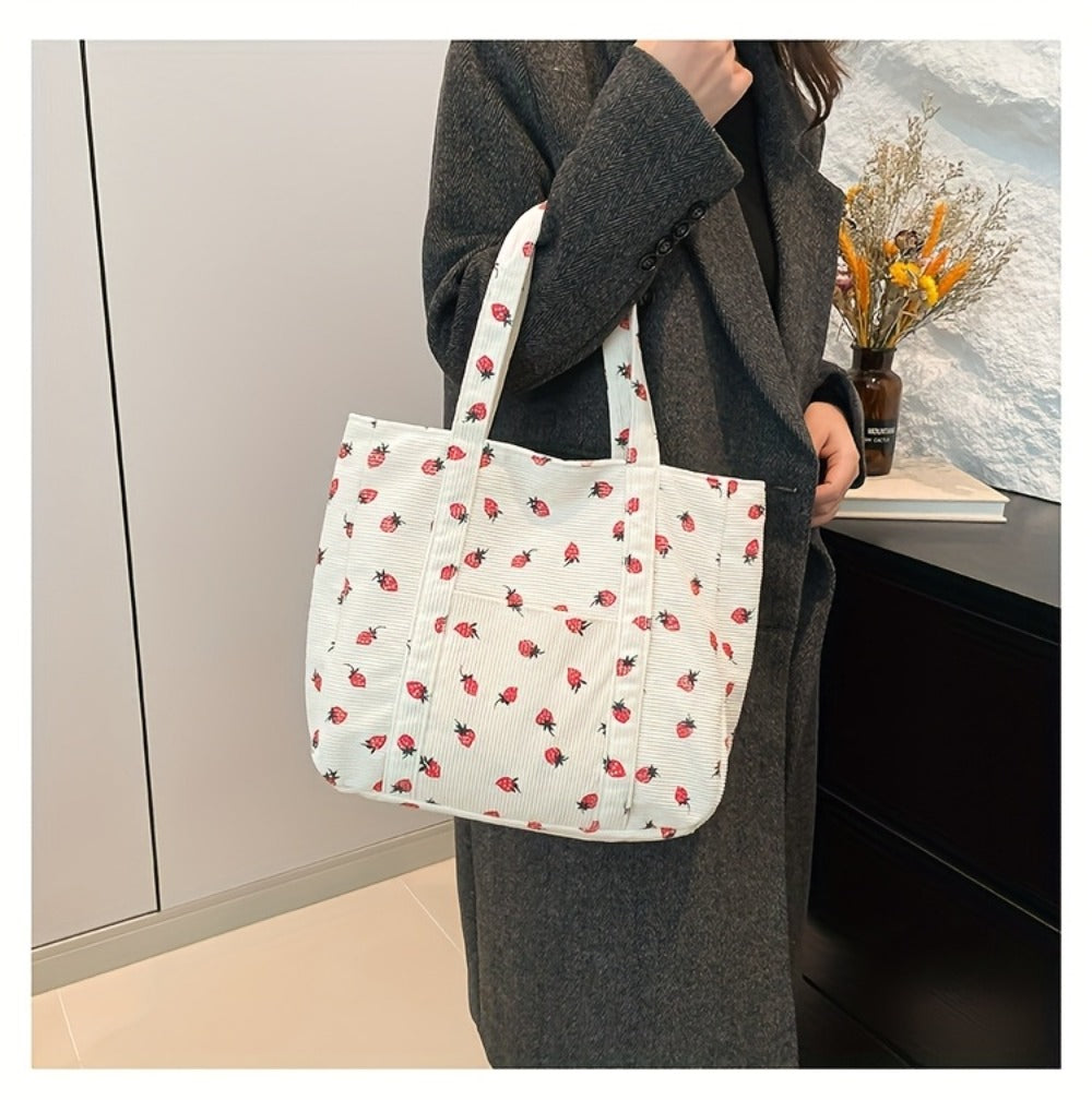 Women' Large Capacity Corduroy Tote Bag with Strawberry Pattern - /// Casual Handbag, Zipper Closure & - Corduroy Shoulder Bag for, Travel, Shopping
