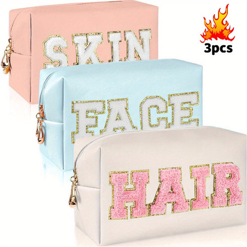 3pcs 3pcs Preppy High Quality Synthetic Leather Makeup Bag Suitable for Women - Chenille Cosmetic Organizer with Cute Zipper, Soft Toiletry Pouch for Travel,, Daily Use