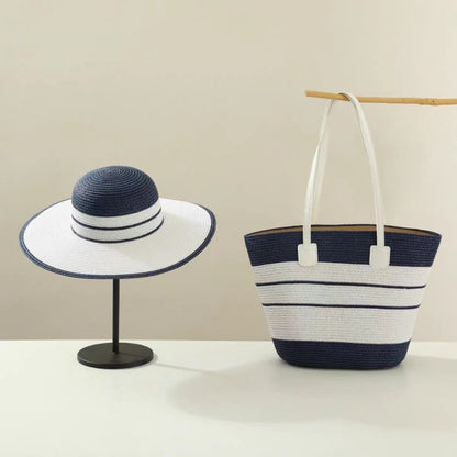 Casual Straw-Woven Women'S Tote Bag And Straw Hat Two-Piece Set, Wide-Brimmed Sun Hat And Large-Capacity Tote Bag, Beach Sun Protection Straw Bag Set, Fashionable Seaside Vacation Straw Two-Piece Set