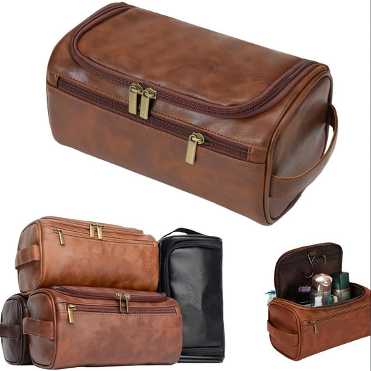 Men's Large Capacity Toiletry Bag - Durable -like Non-Woven Fabric, Spill-Proof Travel Organizer with Zipper Closure, Multiple Compartments & Golden-Tone Hardware, Lightweight & Sturdy Carry Handle - Ideal Gift for Dad, Husband, Men (Black) - Business Tra