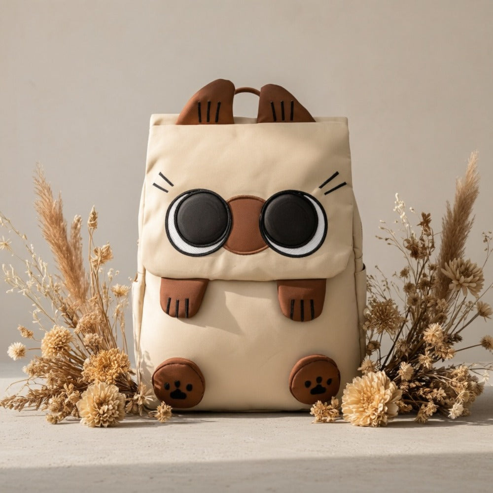 Adorable And Fun Spacious Cartoon Backpack - Made of Sturdy Nylon, Lined with, Features Zip Closure, Washable in Machine - Perfect for University Students, Siamese Cat Design with Brown Highlights