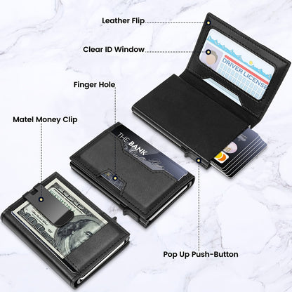 Wallet for Men, Mens Wallet Minimalist Slim Wallet, RFID Blocking Smart Pop Up Wallet with Money Clip & ID Window, Metal Compact Wallet, Aluminum Credit Card Holder Slim Leather Wallet Best Gift
