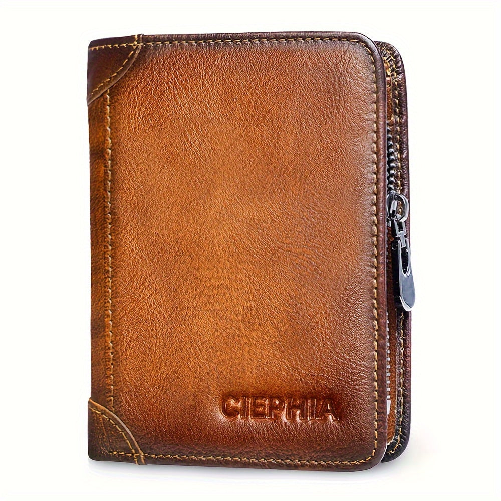 RFID Blocking Bifold Genuine Leather Wallets for Men with Zipper Coin Pouch, Top Layer Cowhide Vintage Multi Function Card Holder Wallet with 2 ID Windows