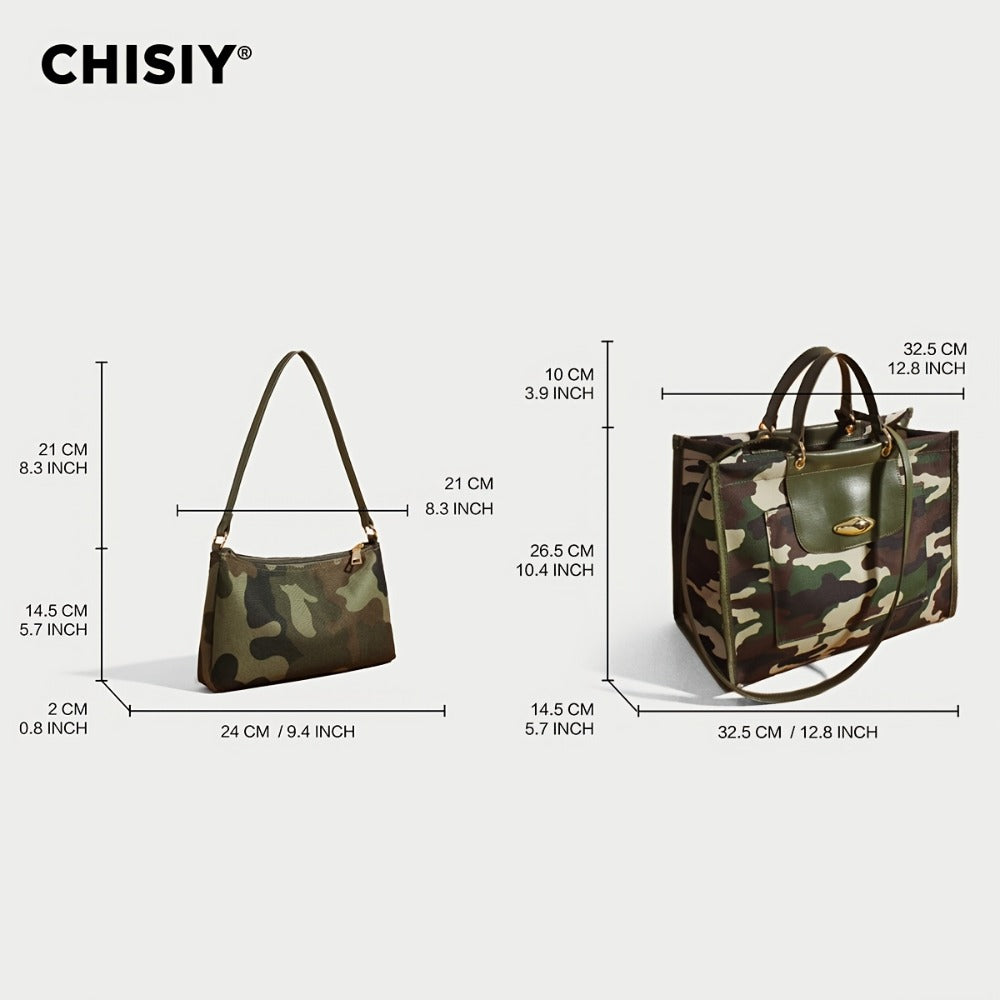 2pcs Camouflage Tote & Matching Handbag - Large Capacity Mother & Bag with PU Splicing Metal Buckle, Adjustable Strap, Zipper Closure - Retro Camo Tote for Army, Outdoor, Casual Use (Fabric)