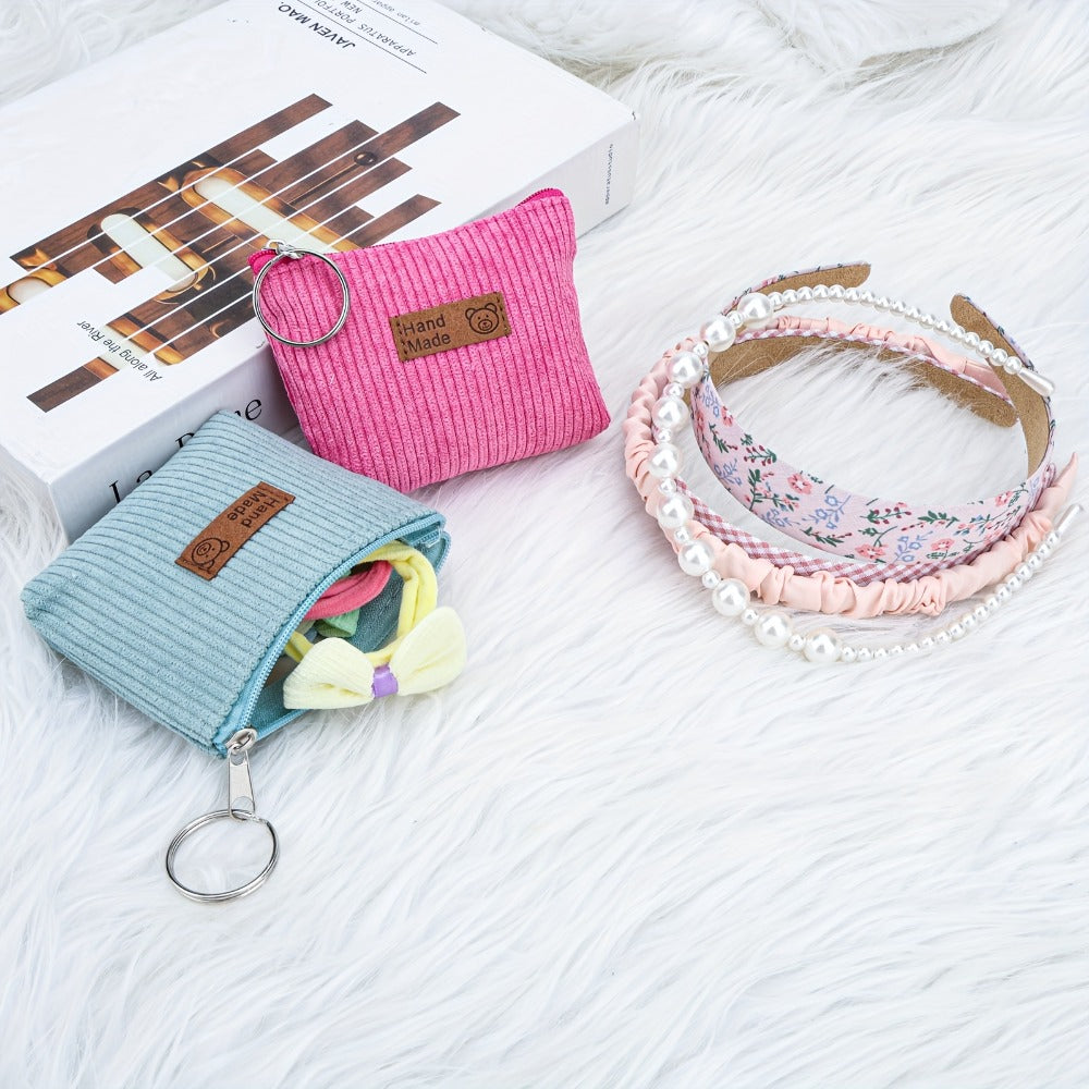 12pcs Women Corduroy Coin Purses with Keychains, Soft Striped Wallets, Durable Zipper Closure, Perfect for Christmas, Valentine's, Easter Gifts