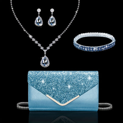 Glamorous Sequin Evening Purse for Parties, Sophisticated Clutch for Weddings, Featuring a Sparkling Rhinestone Pendant Jewelry Set That Includes a Necklace, Earrings, And Bracelet, Perfect for Brides And Women Attending Events, Dinners