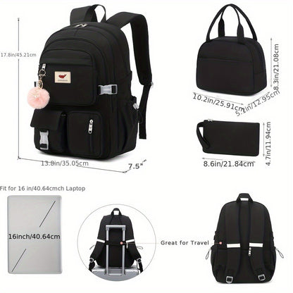 ALLC- Student Backpack -3pcs- Women'S Backpack With Lunch Bag And Pen Bag 15.6 "Laptop Backpack College Backpack Cute Backpack For Men'S Backpack For Women College Students, Black, Laptop Backpack