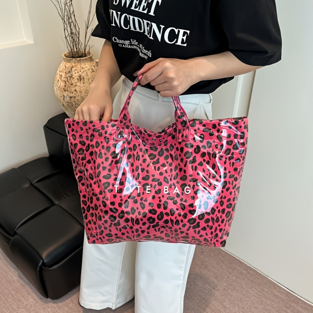 Fashion High-end Texture Large Capacity Leopard Print Tote Bag, PU Open Tote Bag Storage Bag, Niche Design Versatile Tote Bag