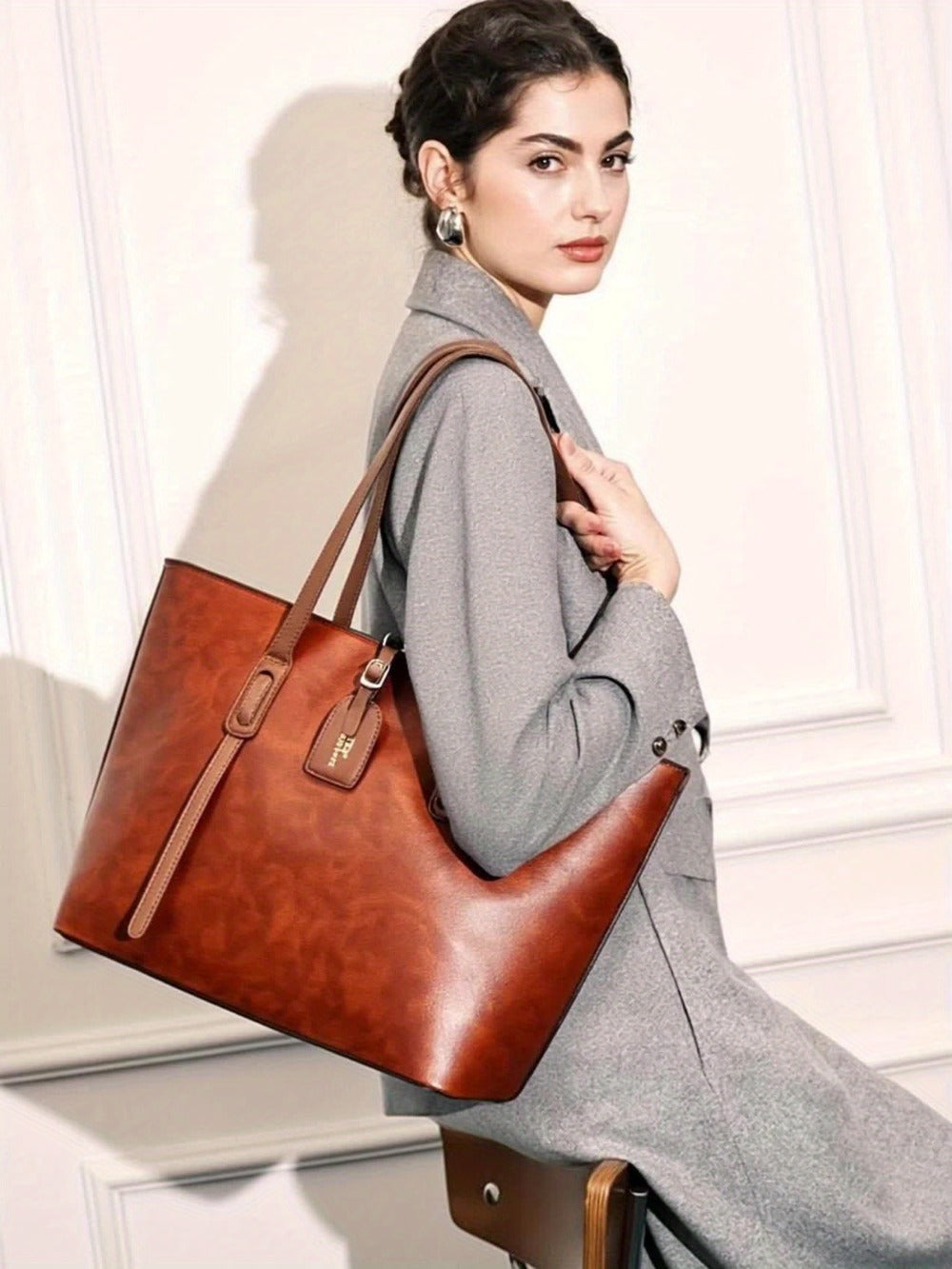 Women's Minimalist Large Capacity Tote Bag - Black with Brown Accents, Durable & Zipper Closure, Sturdy Fixed Shoulder Straps for Office, Commute, Work & Casual Use