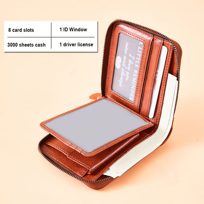 Men'S Genuine Leather Zipper Wallet RFID Secure Large Capacity Double Fold Multi-Card Top Layer Leather Wallets for Men And Coin Purse Christmas Father'S Day/Valentine'S Day/Anniversary Gift The Set Includes a Greeting Card