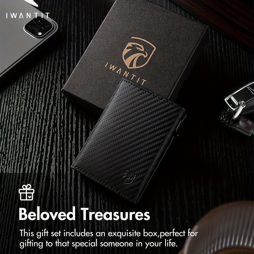 Men's Minimalist Wallet with Credit Card Holder, Premium Full Grain Leather, Smart Pop-up Design, Slim Trifold Wallet, RFID Protection, Front Pocket, ID Window, Father's Day wallet (No Airtag Included)