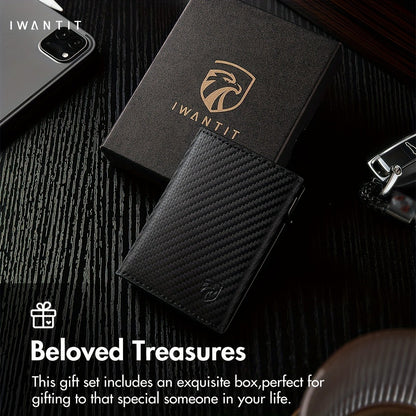 Men's Minimalist Wallet with Credit Card Holder, Premium Full Grain Leather, Smart Pop-up Design, Slim Trifold Wallet, RFID Protection, Front Pocket, ID Window, Father's Day wallet (No Airtag Included)