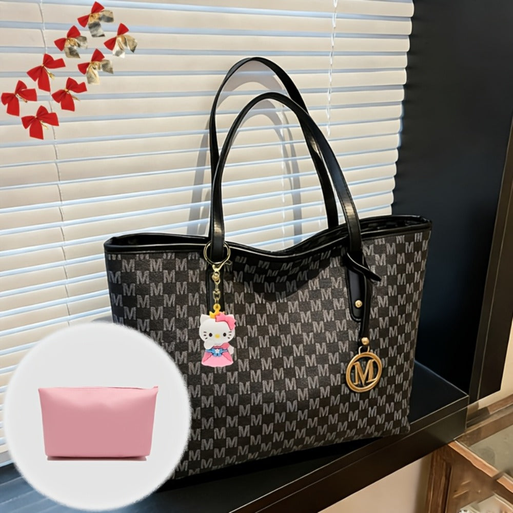 Sanrio Women'S Large Capacity Tote Bag, with Small Pink Bag And Decorative Bow, Zipper Closure Design, 3pcs/4pcs, Fashion Letter Print Shoulder Bag, Handbag for Daily Casual Travel Commute