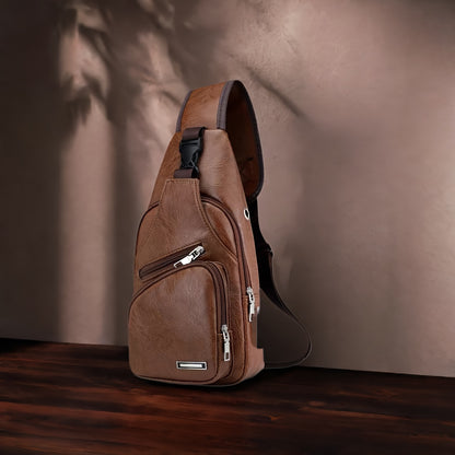 Faux Leather Sling Chest Bag, Lightweight Crossbody Bags for Men Women, Mini Sash Bag with USB Charging Port, One Strap Backpack for Travel Outdoor Camping (Light Brown/Black)
