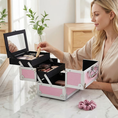 Aluminum Makeup Case - Train Case Jewelry Box Cosmetic Organizer with Mirror & Trays, Handheld Makeup Case with Handle