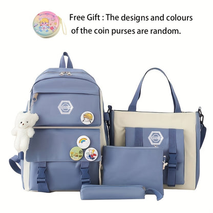4pcs/Set Easy Leisure Backpack Large Capacity Schoolbag Travel Bag Canvas Shoulder Bag, for Teenager, For Teenager