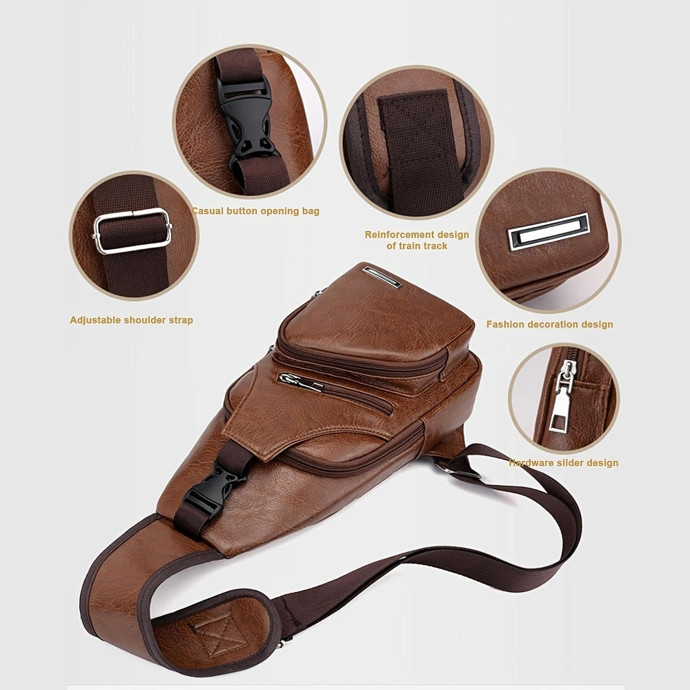 Faux Leather Sling Chest Bag, Lightweight Crossbody Bags for Men Women, Mini Sash Bag with USB Charging Port, One Strap Backpack for Travel Outdoor Camping (Light Brown/Black)