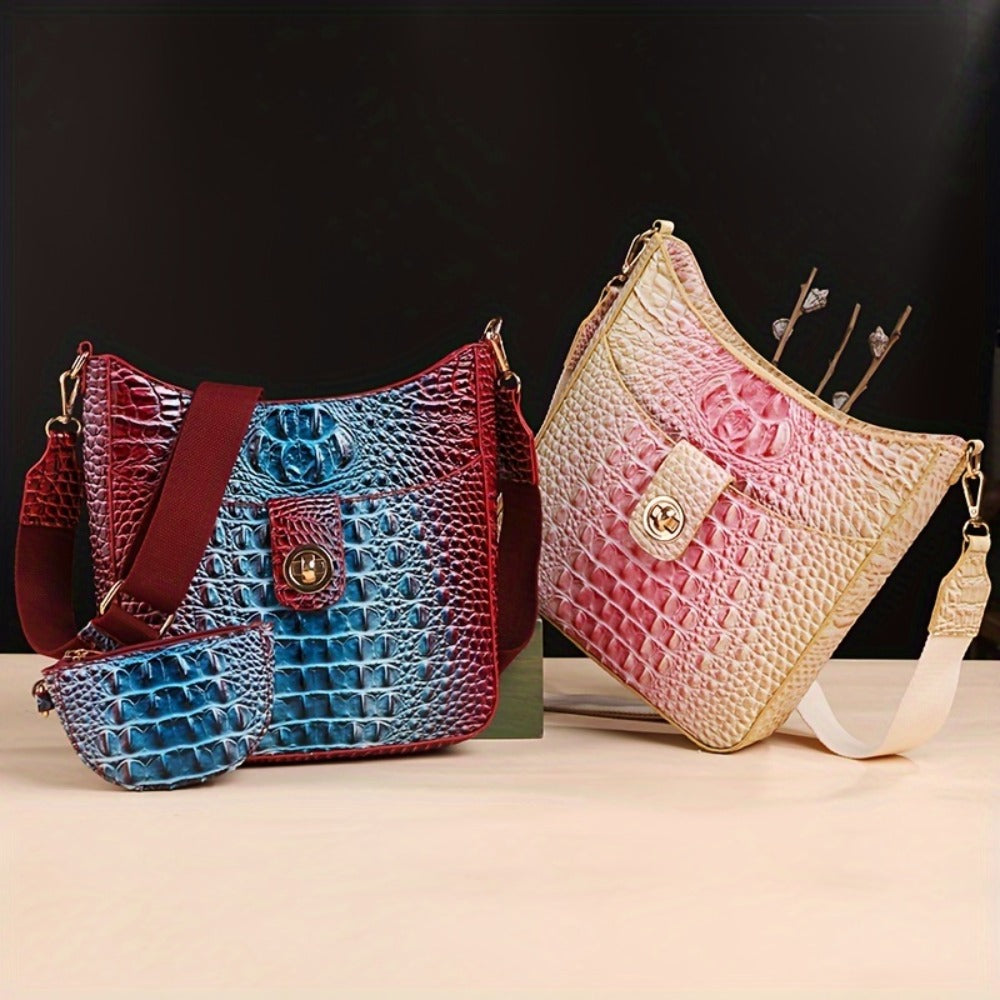 Trendy Crossbody Bag with Crocodile Pattern - Premium Bucket And Coin Purse Style - Multi-Purpose Shoulder Bag Suitable for Any Event