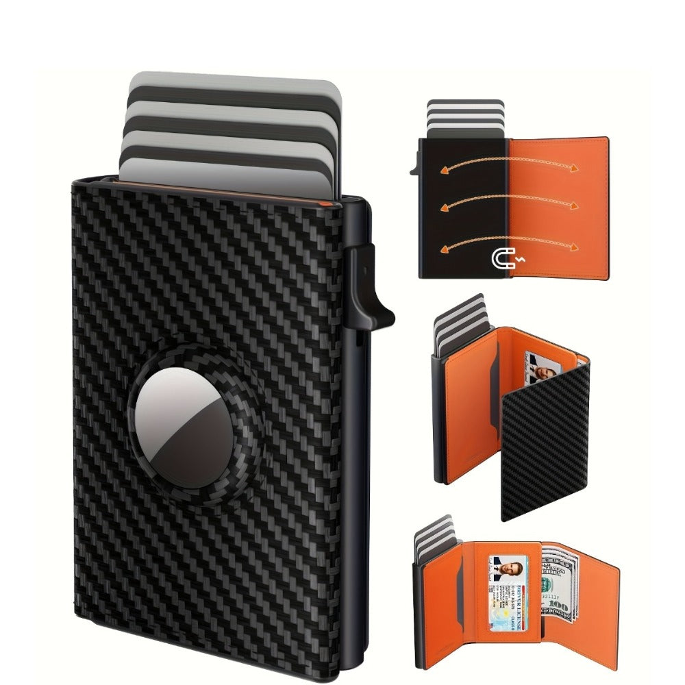Premium Genuine Leather & Carbon Fiber Men's Wallet with RFID Blocking, AirTag Slot, Pop-Up Card Case-Ultra-Slim Design Holds 14 Cards+ID Window & Cash Pocket (AirTag Not Included)