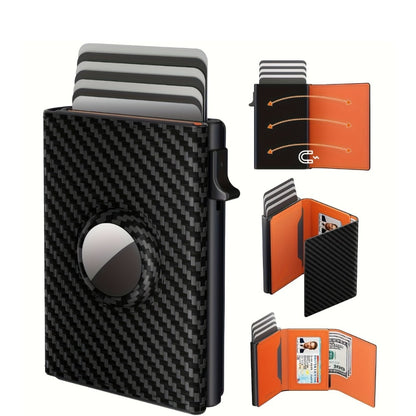 Premium Genuine Leather & Carbon Fiber Men's Wallet with RFID Blocking, AirTag Slot, Pop-Up Card Case-Ultra-Slim Design Holds 14 Cards+ID Window & Cash Pocket (AirTag Not Included)