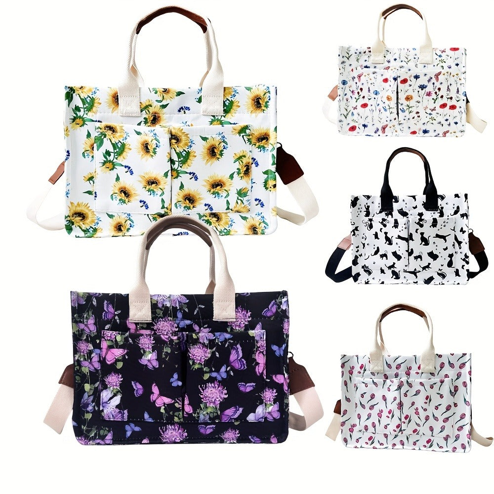 Tote Bag for Women Canvas Patched Purse Cute Shoulder Bag Multi-Pocket Satchel Handbag for Work Books Travel, Bag Only