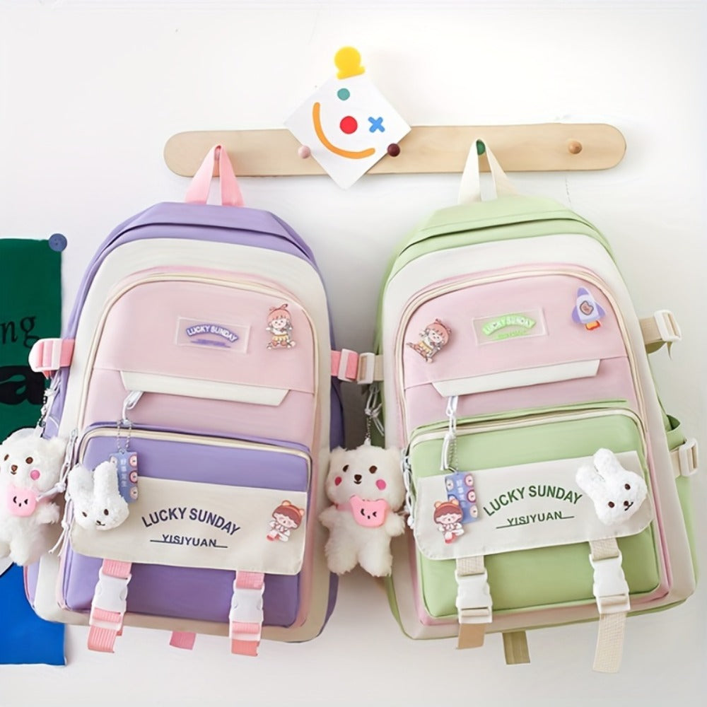 5pcs Solid Color Backpack, Women's Travel Bag, Large Capacity Backpack, Simple Tote Bag, Pencil Case, Casual Crossbody Bag, Lightweight Student Shoulder Bag