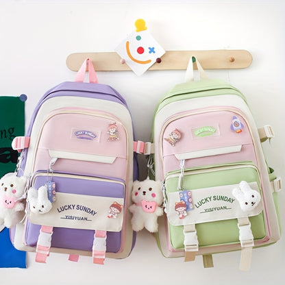 5pcs Solid Color Backpack, Women's Travel Bag, Large Capacity Backpack, Simple Tote Bag, Pencil Case, Casual Crossbody Bag, Lightweight Student Shoulder Bag