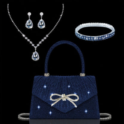 [Elegant Sequin Clutch Set] Elegant Champagne Sequin Clutch with Rhinestone Bow - Matching Rhinestone Earrings, Necklace & Bracelet Set | Ideal Valentine's Day Gift for Women, Party Accessory | Detailed Closure