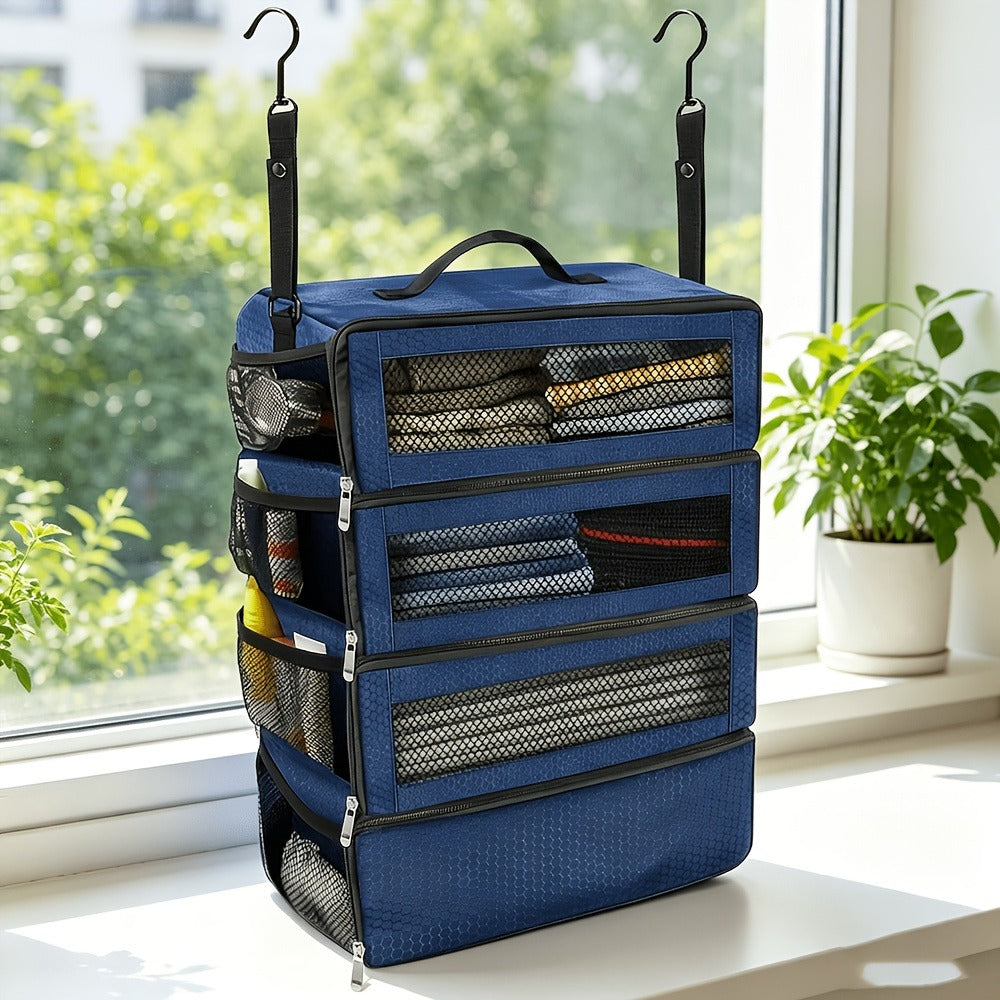 Four-layer Multi-functional Hanging Luggage Organizer, Large-capacity Clothing Storage Bag for Business Travel, Suitcase Organizer with Hooks, Wardrobe Hanging Storage, Car Travel Organizer, Camping and Outdoor Clothing Organization