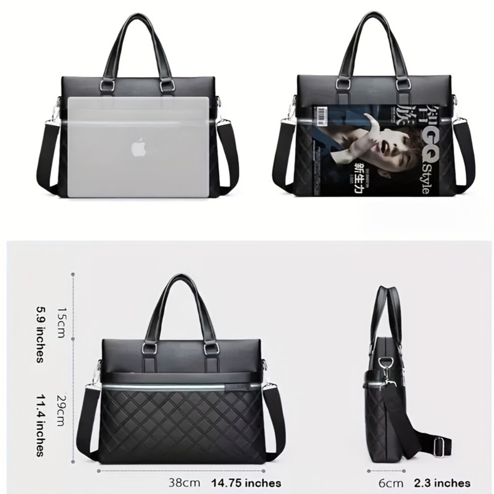 Men's Black Synthetic Leather Business Briefcase Laptop Computer Bag with Tablet & Notebook Compartment, Large Capacity Travel Commuter Bag Suitable for 13-14" Laptops, Nylon & Adjustable Strap