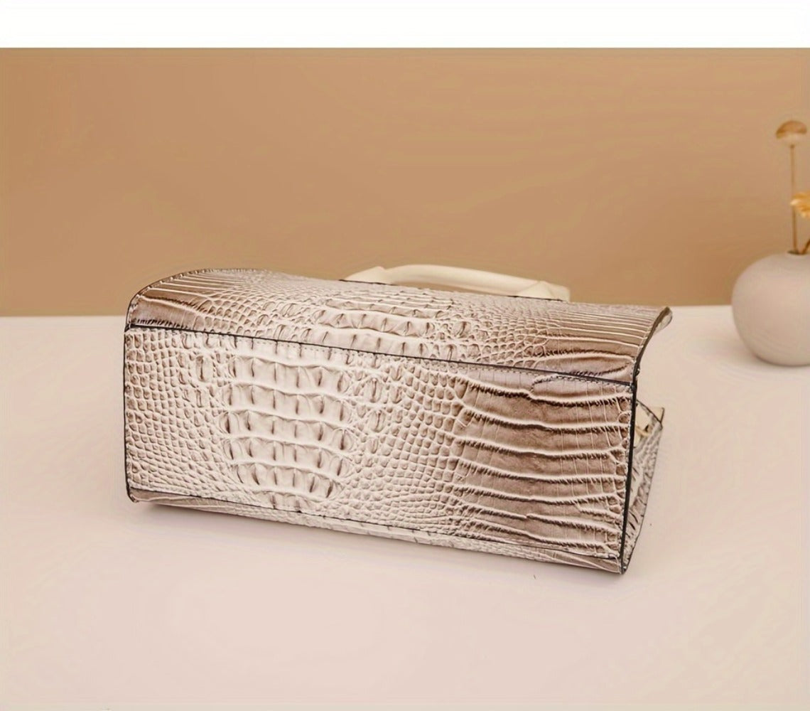 3pcs Women's Large Capacity Retro Crocodile-Print Tote Bag Suitable for, Travel, - Detachable Strap & Zipper Closure,, Stylish Handbag & Purse