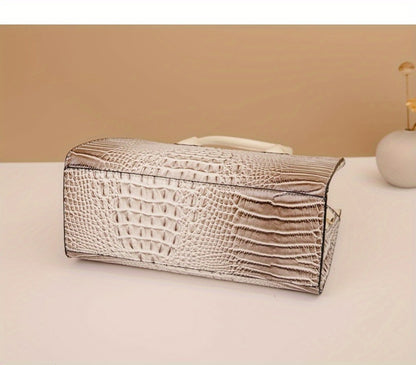 3pcs Women's Large Capacity Retro Crocodile-Print Tote Bag Suitable for, Travel, - Detachable Strap & Zipper Closure,, Stylish Handbag & Purse