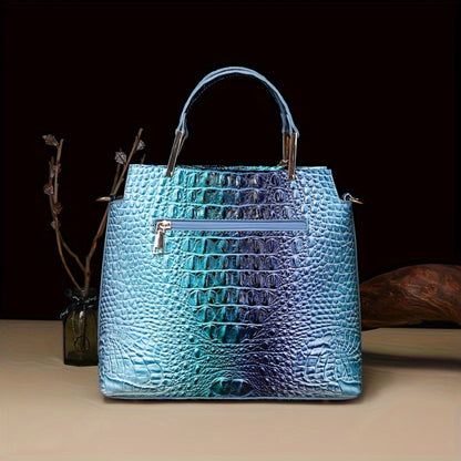 Women'S 2pcs Handbag Set Featuring Crocodile Design, Chic Faux Leather Tote Accompanied by a Coordinating Clutch And Wallet, Retro Style Crossbody Bag