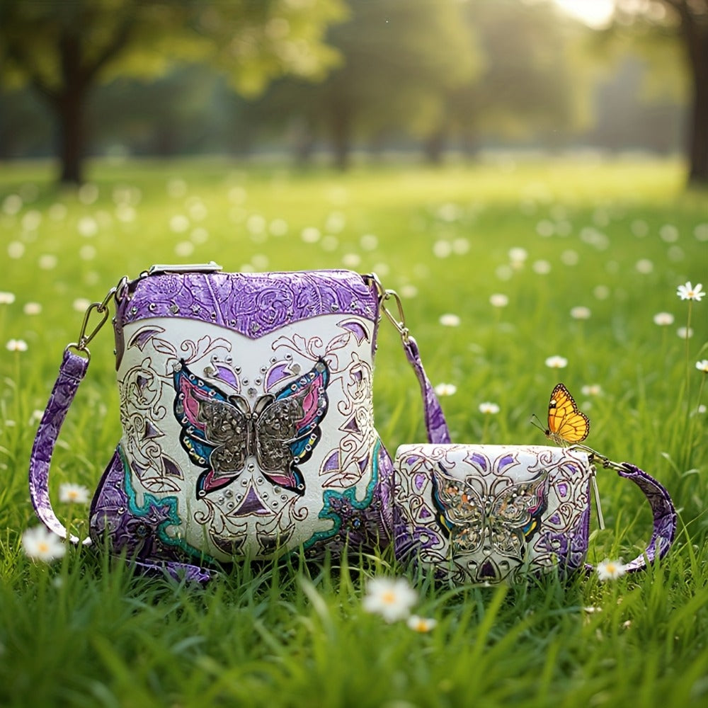 Modern Ladies' Butterfly Flower Women's Crossbody Bag, Equipped with Adjustable Shoulder Straps and Mini Wallet Set, Suitable for Daily Commuting
