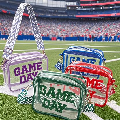 Stadium Approved Black Red Green Blue Purple Gray Game Day Clear Crossbody Bag Premium PVC Transparent Purse For Concerts, Sports Events And Tailgating.