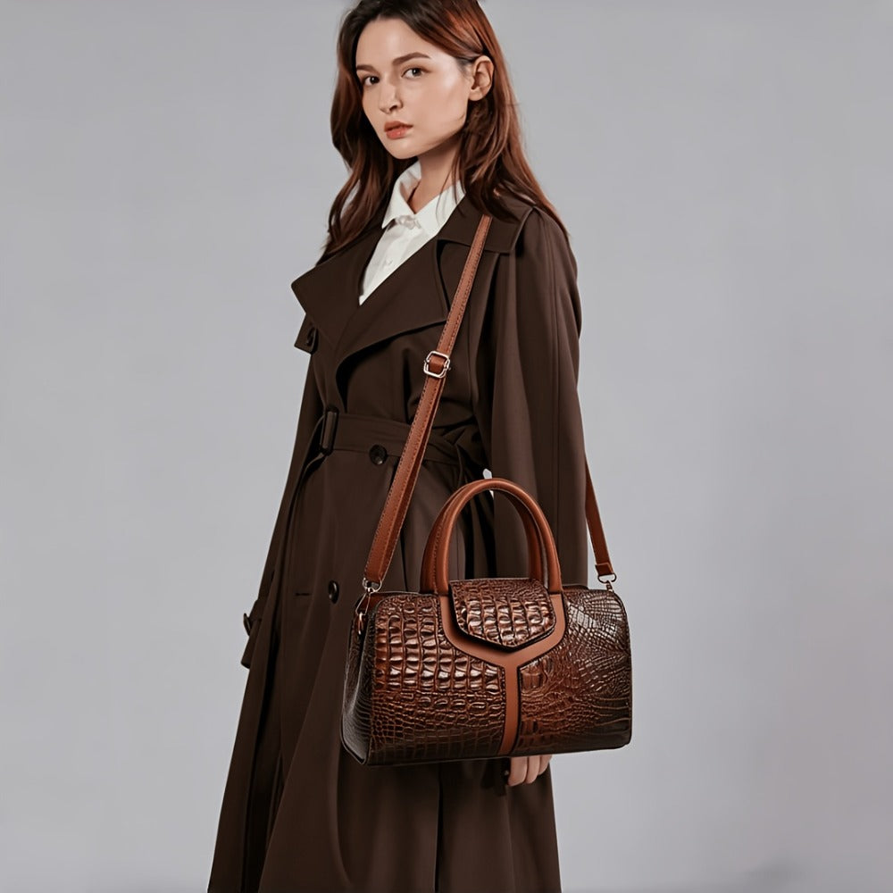 [Crocodile Embossed Satchel] Women's Crocodile Embossed Satchel Handbag Beige Top Handle Purse with Detachable Shoulder Strap Structured Tote Bag