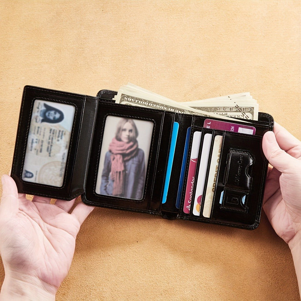 Men's Genuine Leather Wallet, RFID Blocking Protection Slim Short Top Layer Cowhide Wallet, Multifunction Trifold Wallet, Vintage Oil Wax Credit Card Wallet, Gifts for Men