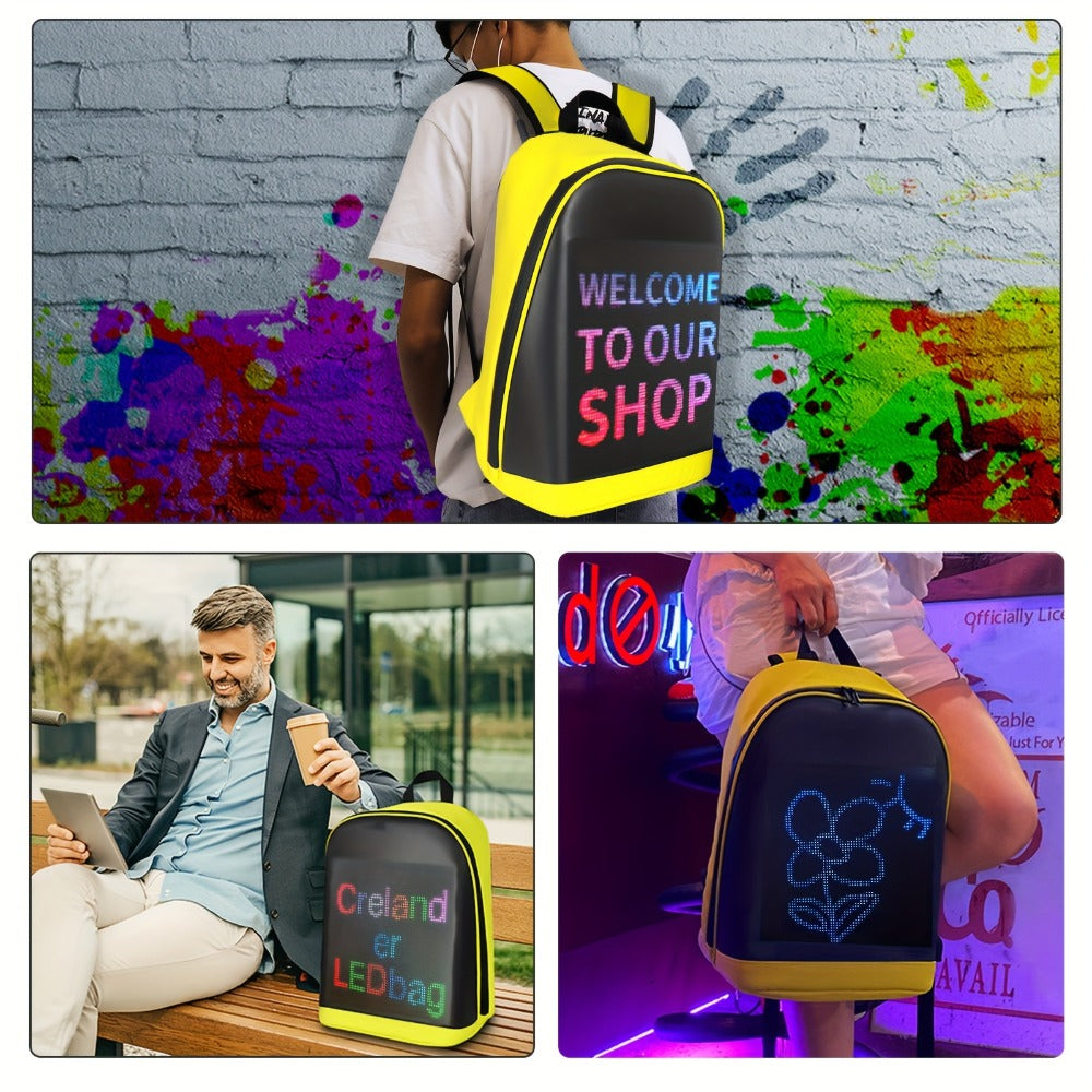 LED Baseball-Themed Backpack with Pixel Display - Nylon, Casual Style, USB Charging, App Control, Adjustable Straps for Daily Commute & Leisure - Bright Yellow with Black Accents, Adjustable Backpack|Gaming Accessory|Usb Powered Bag