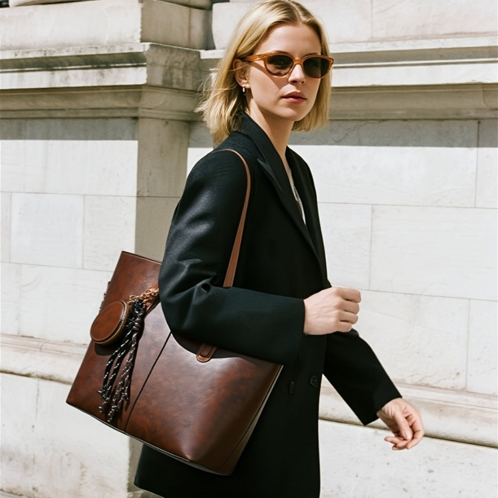 Large Capacity Brown Tote Bag for Women - Durable Shoulder and Crossbody Strap, Zipper Closure, Polyester Lining, Ideal for Travel, Commute, and Everyday Use, Travel Tote Bag|Casual Style Tote|Zippered Closure, Large Tote Bag
