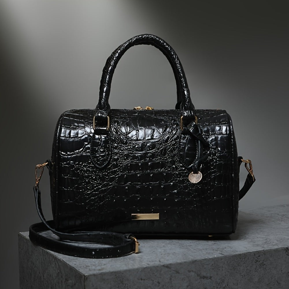 Gradient Crocodile Embossed Boston Bag for Women, Vintage Glossy Synthetic Leather Barrel Handbag with Detachable Crossbody Strap, Luxury Top Handle Shoulder Purse, Large Capacity Daily Commute Handbags