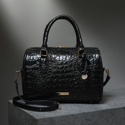 Gradient Crocodile Embossed Boston Bag for Women, Vintage Glossy Synthetic Leather Barrel Handbag with Detachable Crossbody Strap, Luxury Top Handle Shoulder Purse, Large Capacity Daily Commute Handbags