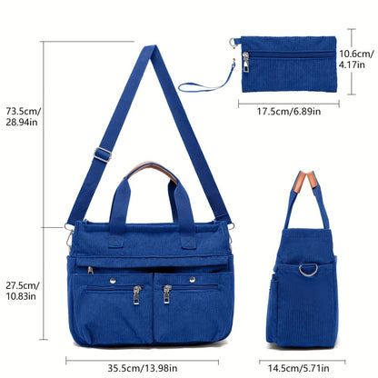 2026 Women's Corduroy Tote and Crossbody Bag Set 2pcs/Set, Large Capacity Laptop Shoulder Bags with Adjustable Strap & Zipper Closure, Casual Travel, Work, Sports, Everyday Purse for Game Day, Football Fan Gear, All Fans