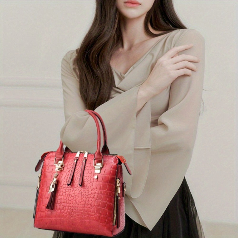 Fashion Crocodile Pattern Women's Handbag 2pcs Set, Women's Shoulder Bag with Tassel Decoration, Metal Cat Pendant Crossbody Bag