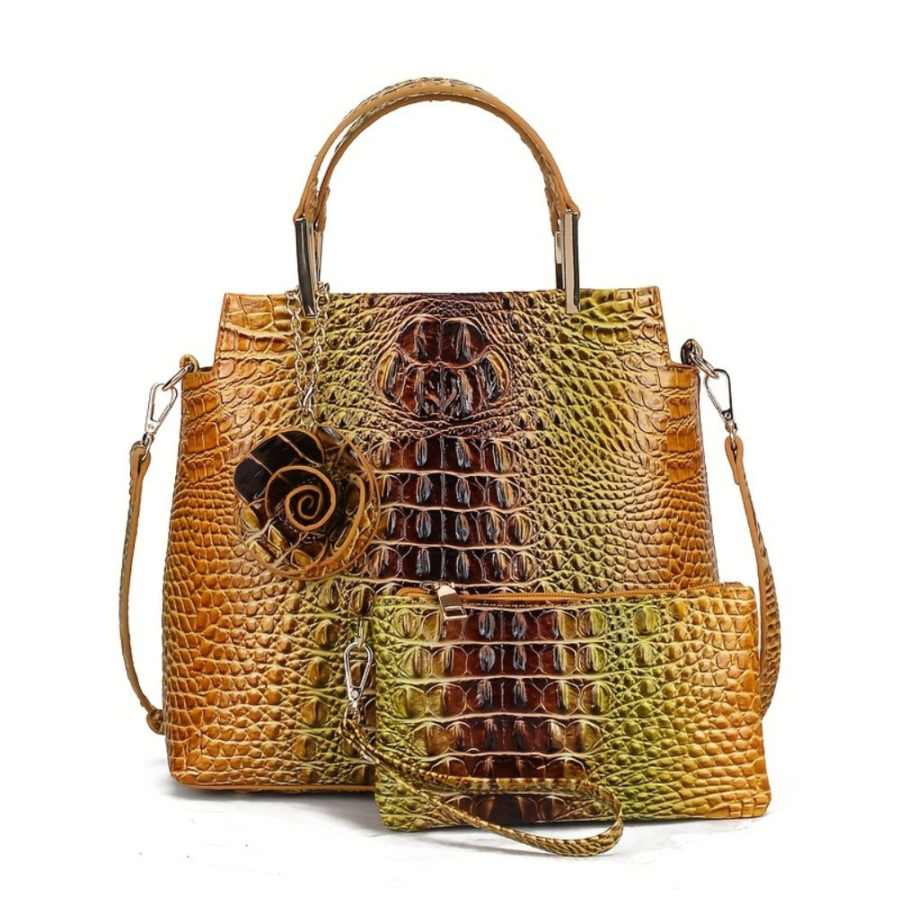Women'S 2pcs Handbag Set Featuring Crocodile Design, Chic Faux Leather Tote Accompanied by a Coordinating Clutch And Wallet, Retro Style Crossbody Bag