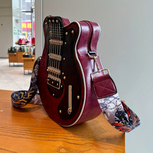 Distinctive Creative Y2K Hot American Style  Guitar Shaped Bag Beth Guitar Shaped Bag Shoulder Bag Crossbody Bag Fashionable Chain Rivet Decoration Color Contrast Wide Shoulder Strap Women's Bag Street Unisex Bag